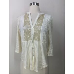 Tiny 3/4 sleeve romantic squib bib semi sheer wom ns button up top